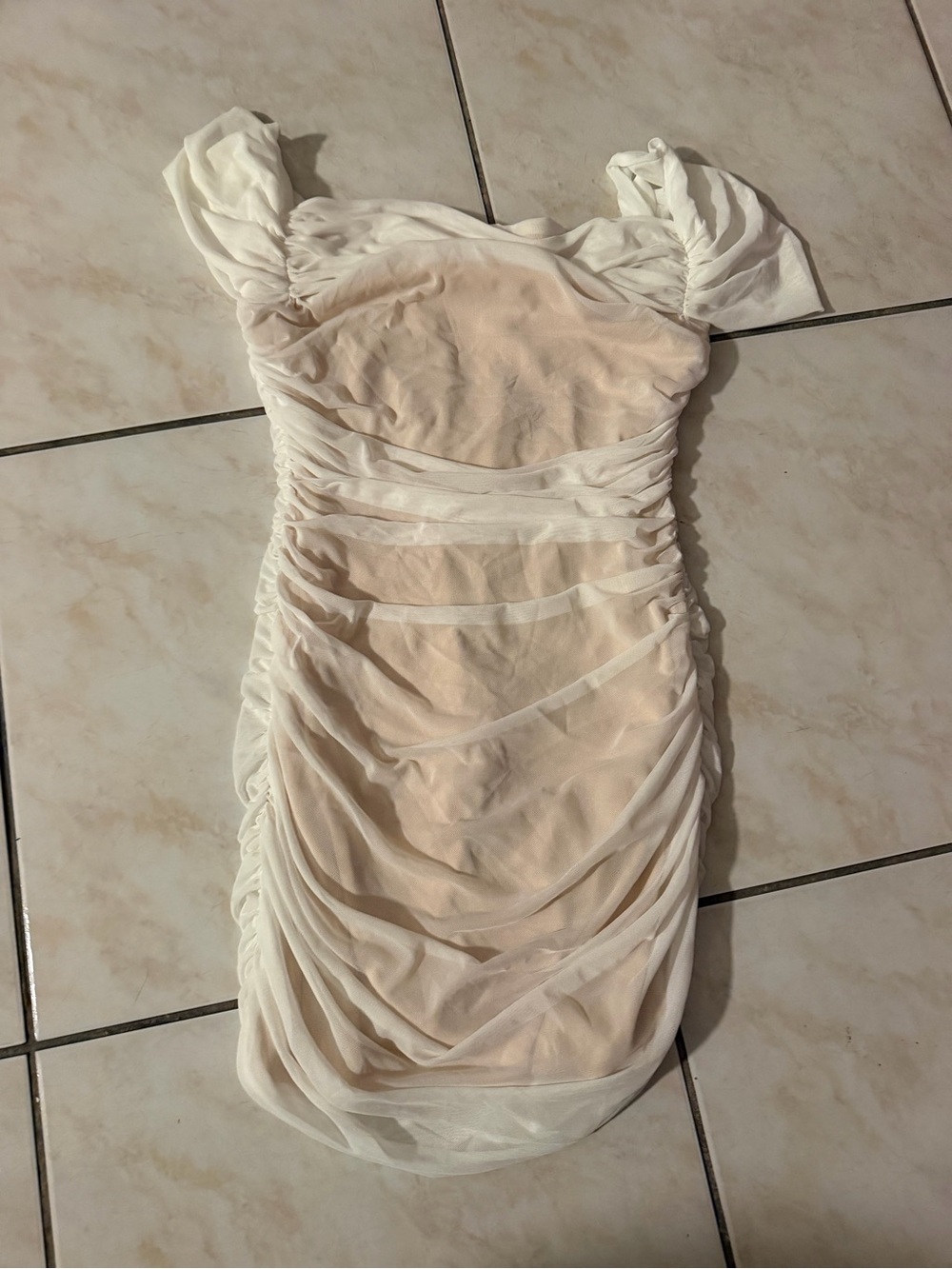 SHEIN White Ruched Mesh Mini Dress